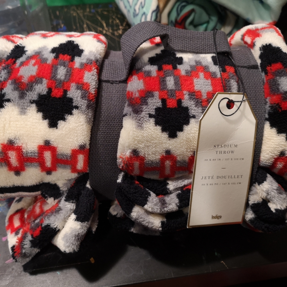 Indigo Soft Throw Blanket with Red and Black Design